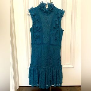 AQUA (Bloomingdale’s) Teal/Forest Green Lace dress with ruffles and mock neck